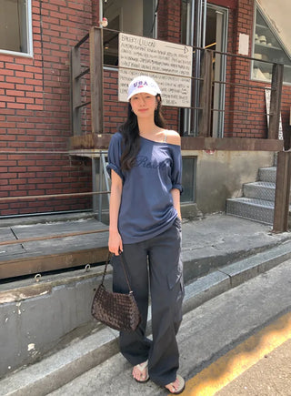 [2 colors] One-shoulder short-sleeve T-shirt