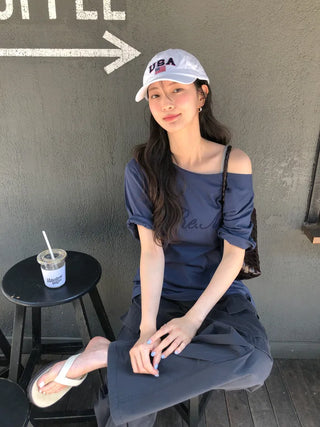 [2 colors] One-shoulder short-sleeve T-shirt