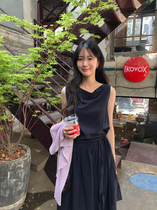[2 colors] Boat neck long dress