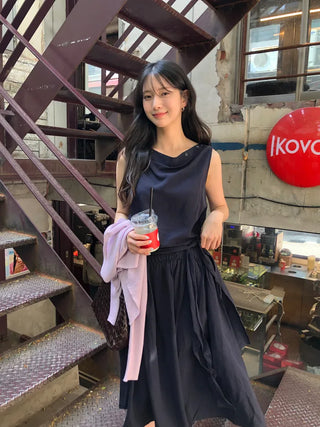 [2 colors] Boat neck long dress
