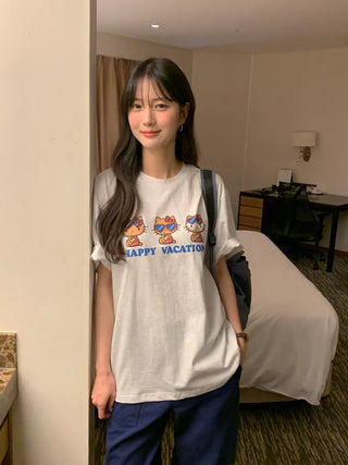 [2 colors] Loose-fitting printed T-shirt
