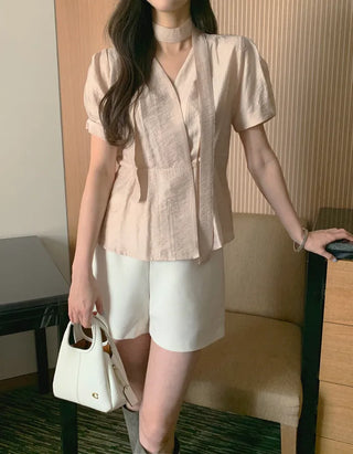 [3 colors] Pintuck Tie Blouse