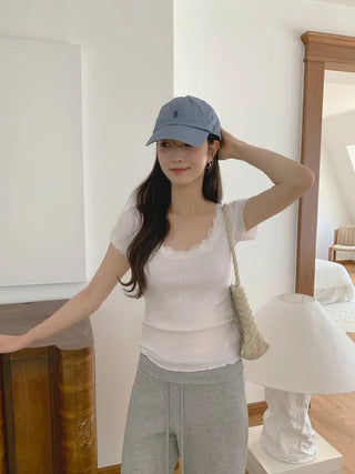 [3 colors] See-through V-neck waist string ruffle hem bustier sleeveless blouse