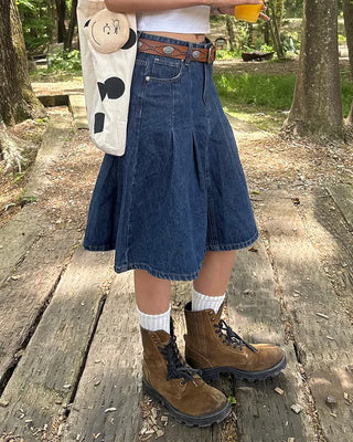 Dart-tucked denim midi skirt