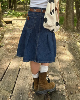 Dart-tucked denim midi skirt