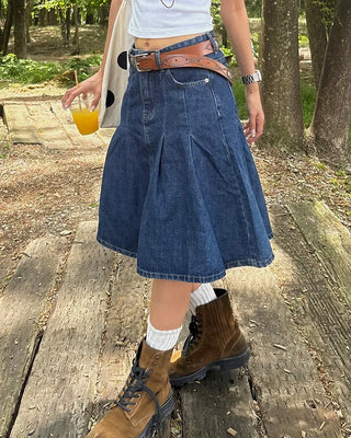 Dart-tucked denim midi skirt