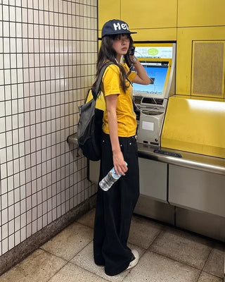 Cross-studded wide cotton pants with hip pockets