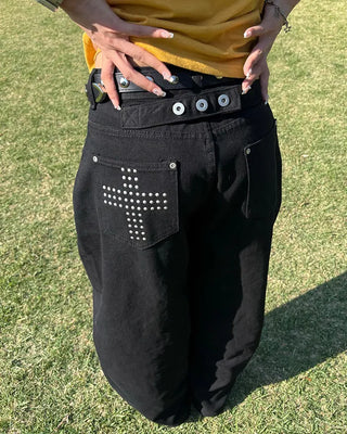 Cross-studded wide cotton pants with hip pockets