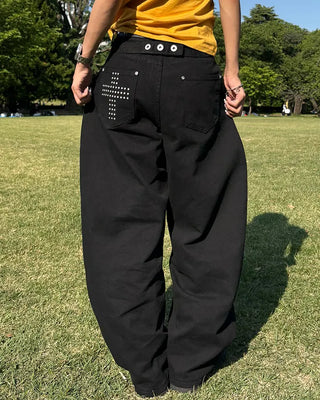 Cross-studded wide cotton pants with hip pockets