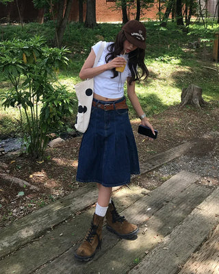 Dart-tucked denim midi skirt