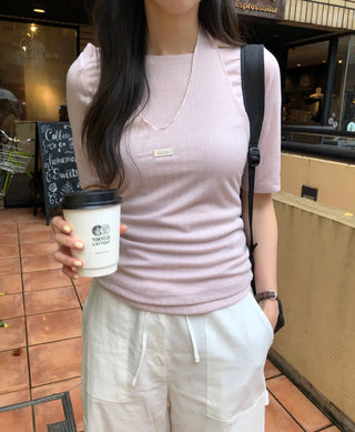 [3 colors] Ribbon Collar Wrap Blouse