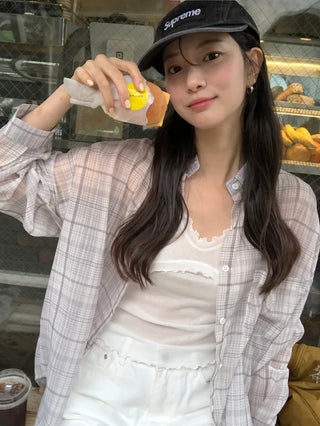 [2 colors] See-through check shirt
