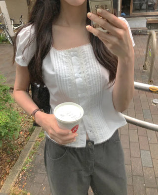 [2 colors] Square neck pintuck blouse