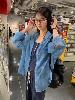 [2 colors] See-through check shirt