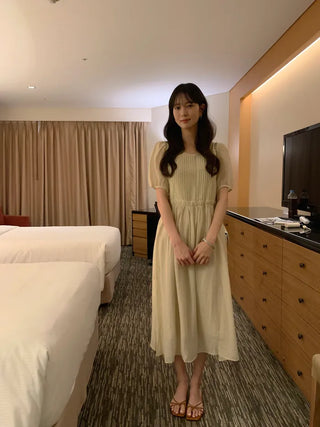 [3 colors] Pintuck Short-Sleeve Long Dress