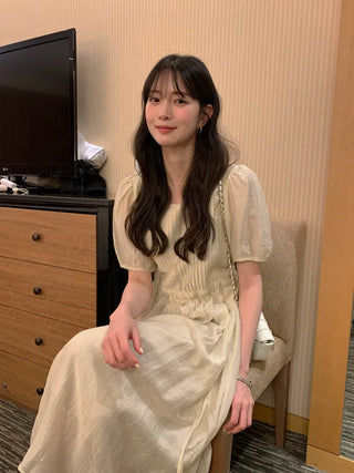 [3 colors] Pintuck Short-Sleeve Long Dress