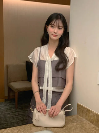 [2 colors] Pintuck Short-Sleeve Long Dress