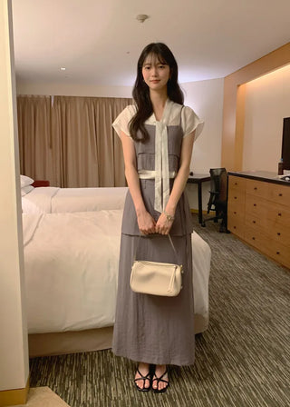 [2 colors] Pintuck Short-Sleeve Long Dress