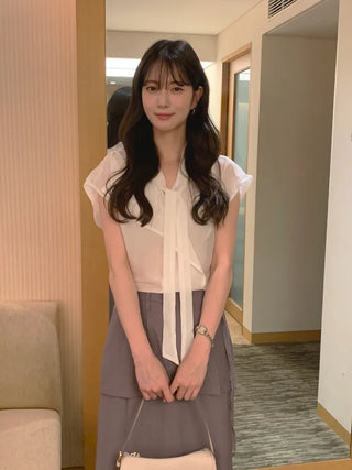[2 colors] Pintuck Short-Sleeve Long Dress