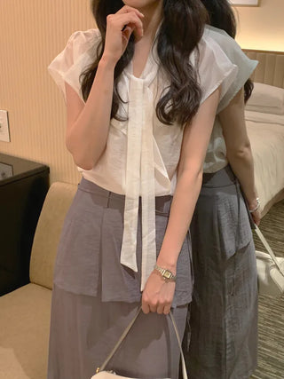 [2 colors] Pintuck Short-Sleeve Long Dress