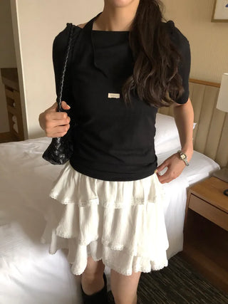 [3 colors] Ribbon Collar Wrap Blouse