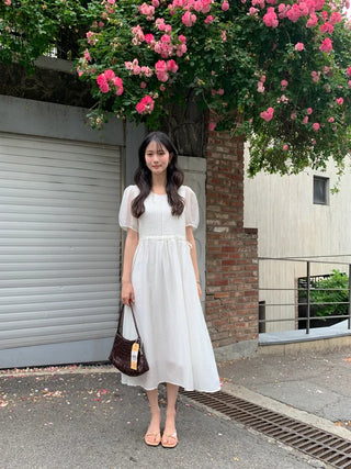 [3 colors] Pintuck Short-Sleeve Long Dress