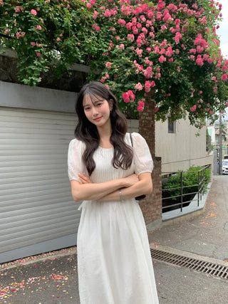 [3 colors] Pintuck Short-Sleeve Long Dress