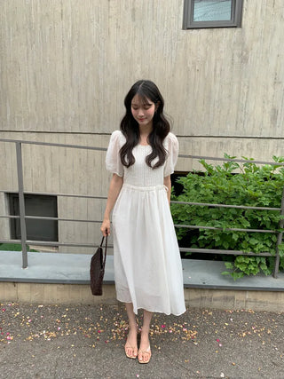 [3 colors] Pintuck Short-Sleeve Long Dress