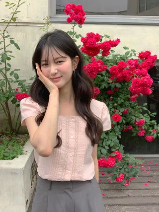 [2 colors] Square neck pintuck blouse