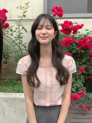 [2 colors] Square neck pintuck blouse