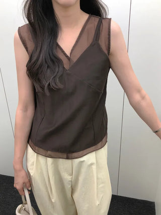 [4 colors] Sheer sleeveless blouse