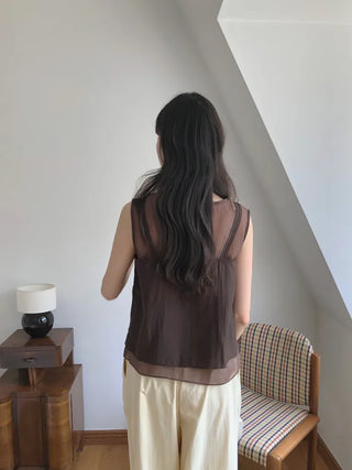 [4 colors] Sheer sleeveless blouse