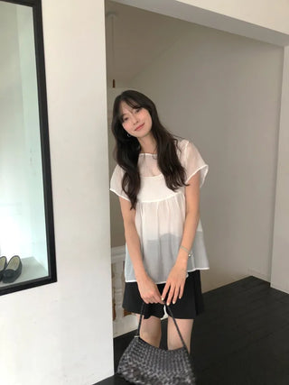[2 colors] Banded sheer lace ribbon hooded loose-fit short-sleeve blouse