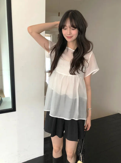 [2 colors] Banded sheer lace ribbon hooded loose-fit short-sleeve blouse