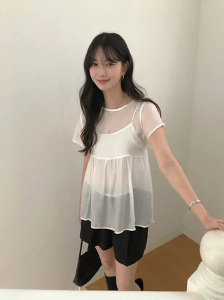 [2 colors] Banded sheer lace ribbon hooded loose-fit short-sleeve blouse