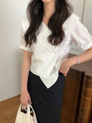 [2 colors] Ribbon Collar Wrap Blouse