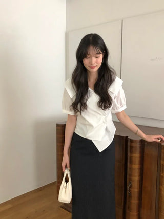 [2 colors] Ribbon Collar Wrap Blouse