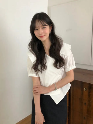 [2 colors] Ribbon Collar Wrap Blouse