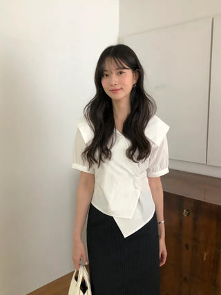 [2 colors] Ribbon Collar Wrap Blouse