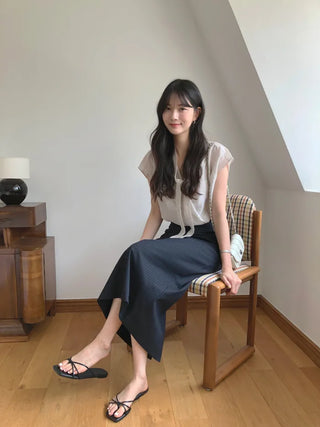 [2 colors] Pintuck Short-Sleeve Long Dress