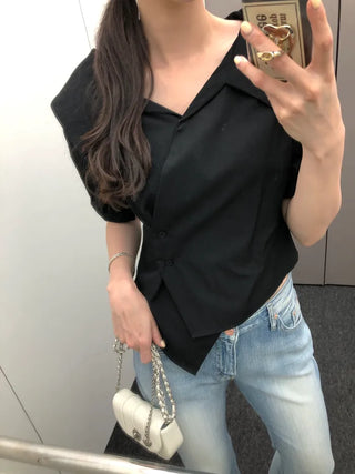 [2 colors] Ribbon Collar Wrap Blouse
