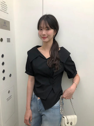 [2 colors] Ribbon Collar Wrap Blouse