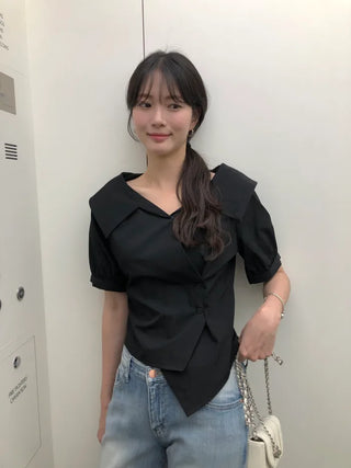 [2 colors] Ribbon Collar Wrap Blouse