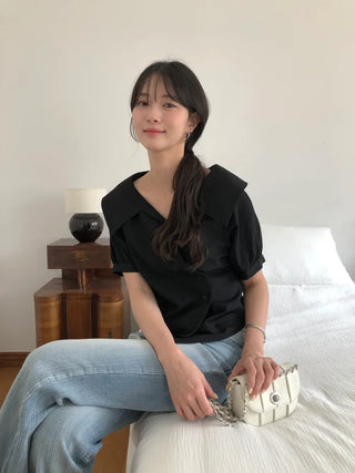 [2 colors] Ribbon Collar Wrap Blouse