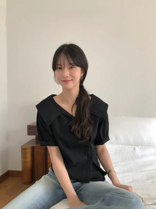 [2 colors] Ribbon Collar Wrap Blouse