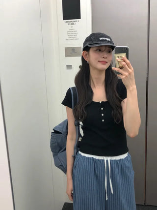 [4 colors] Waffle Burton Crop T-shirt