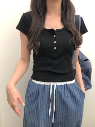 [4 colors] Waffle Burton Crop T-shirt