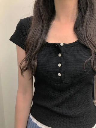 [4 colors] Waffle Burton Crop T-shirt