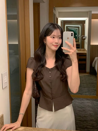[2 colors] Frill Button Short Sleeve Blouse