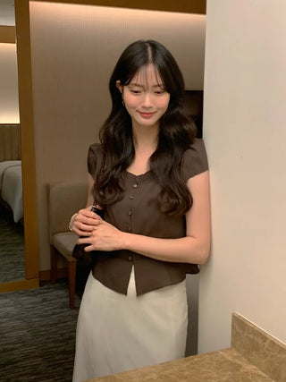 [2 colors] Frill Button Short Sleeve Blouse